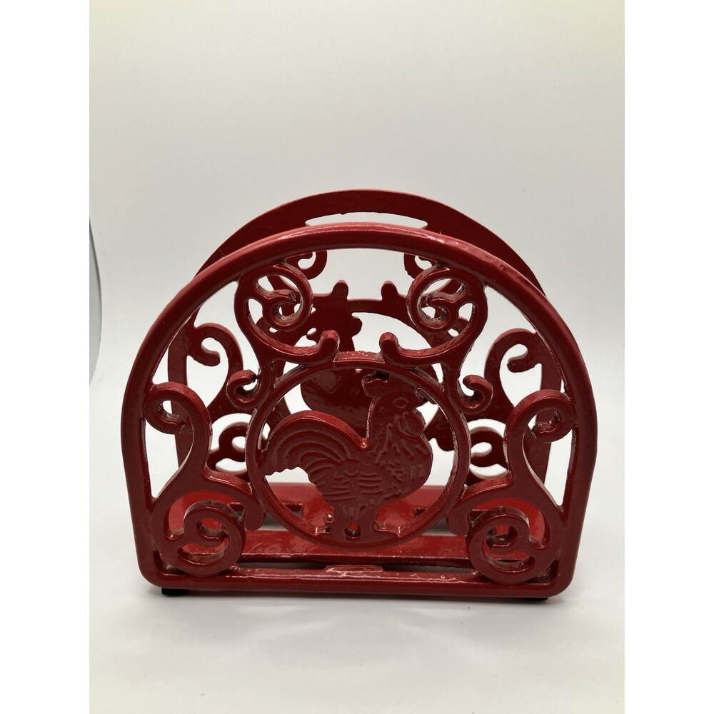 Farmhouse Napkin Holder Kitchen Decor Red Cast Iron Rooster Chicken Cottage Core
